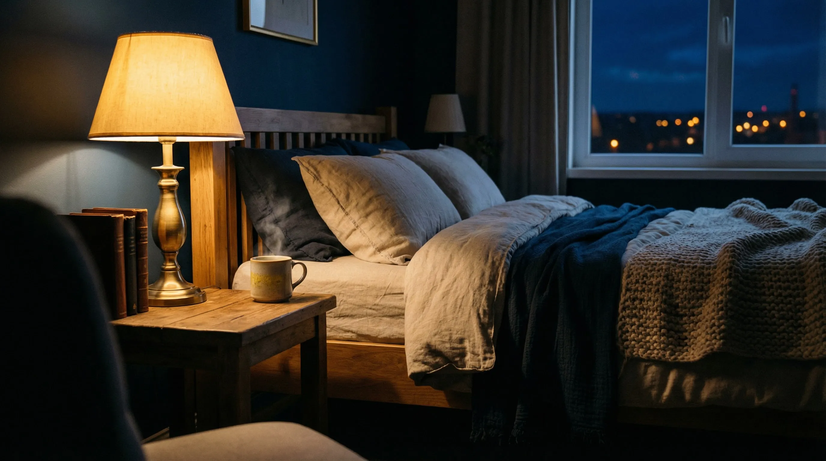 Przytulna sypialnia z ciepłym oświetleniem, symbolizująca spokojny sen