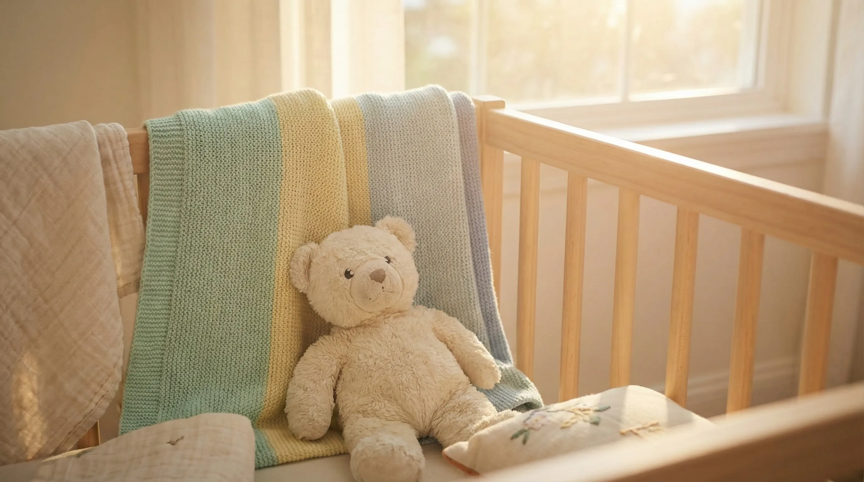 Pluszowy miś w łóżeczku dziecięcym, bezpieczny sen dziecka